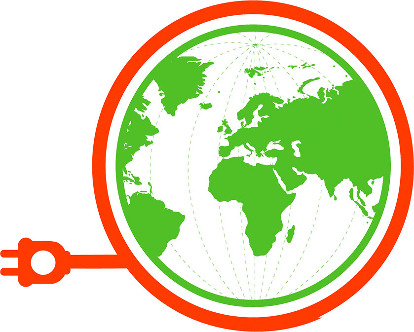 A green and orange globe featuring an electrical plug, symbolizing global connectivity and energy solutions.